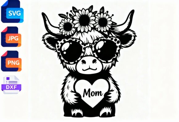 Cute Highland Cow Mom Sunflower: Graphics for Crafts